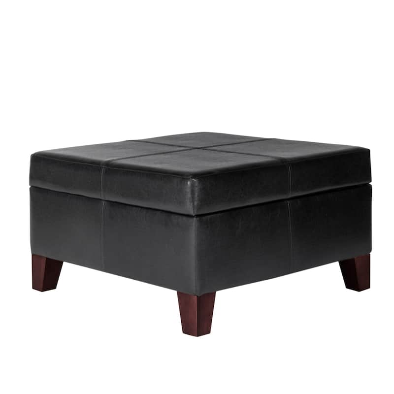 Leatherette Upholstered Wooden Ottoman With Hinged Storage, Black and Brown, Large - 15.75 H x 28 W x 28 L