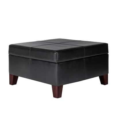 Leatherette Upholstered Wooden Ottoman With Hinged Storage, Black and Brown, Large - 15.75 H x 28 W x 28 L