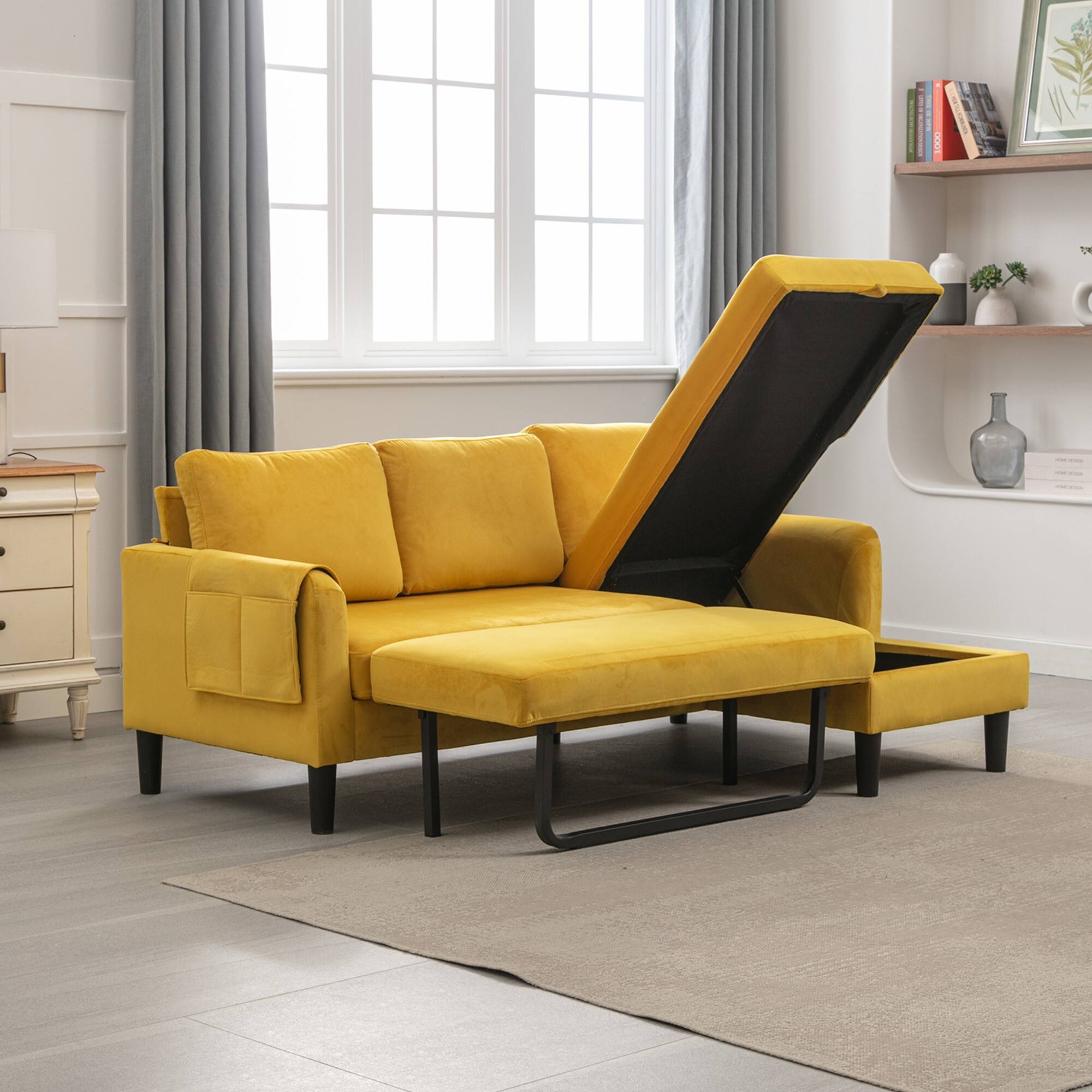 Modern Reversible Sectional Sleeper Sofa w/Storage Chaise,Mustard Bed