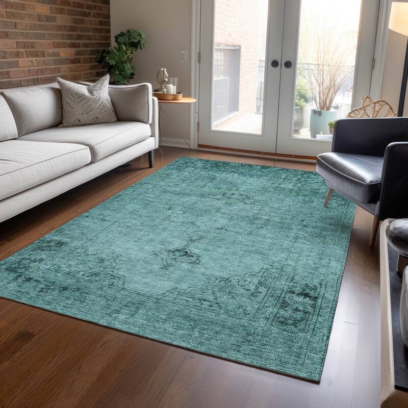 Machine Washable Indoor/ Outdoor Chantille Traditional Vintage Rug - Teal - 8' x 10'