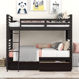 Twin over Twin Wood Bunk Bed with Ladder and Two Drawers
