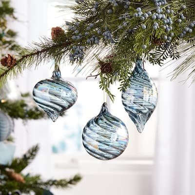 Iridescent Swirl Glass Christmas Ornaments - 5" - Blue - 12ct