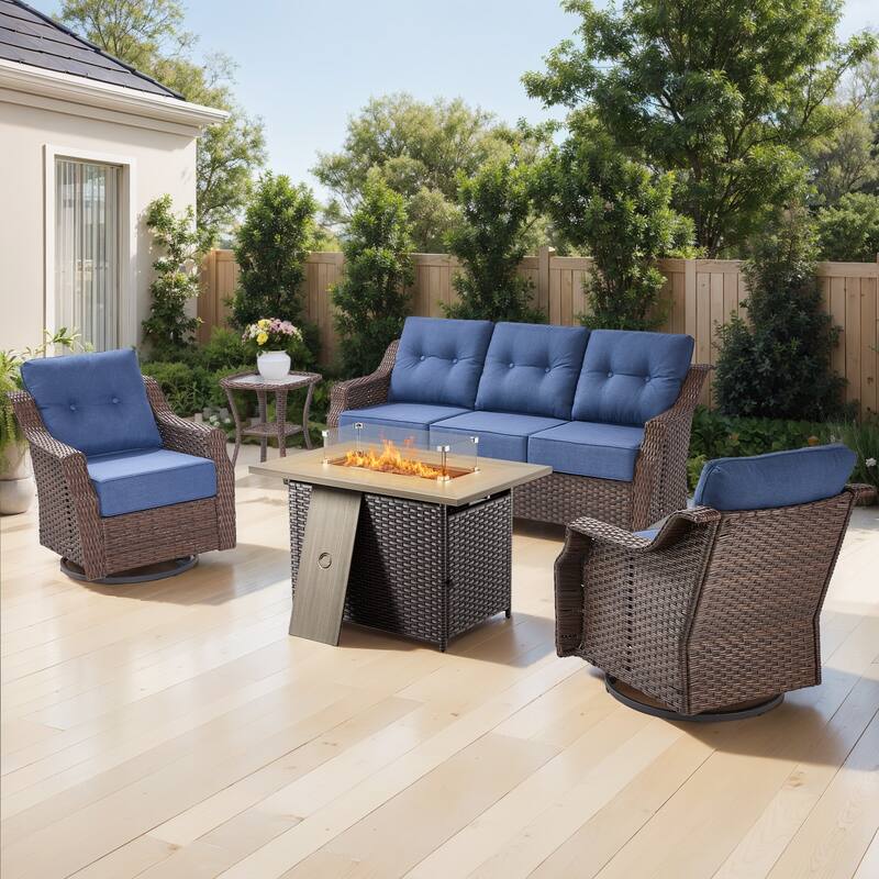 Gymojoy Wicker Patio Furniture Sofa Set with Fire Pit Table, 6-Inch Ultra Thick Cushioned 360° Swivel Glider Chairs