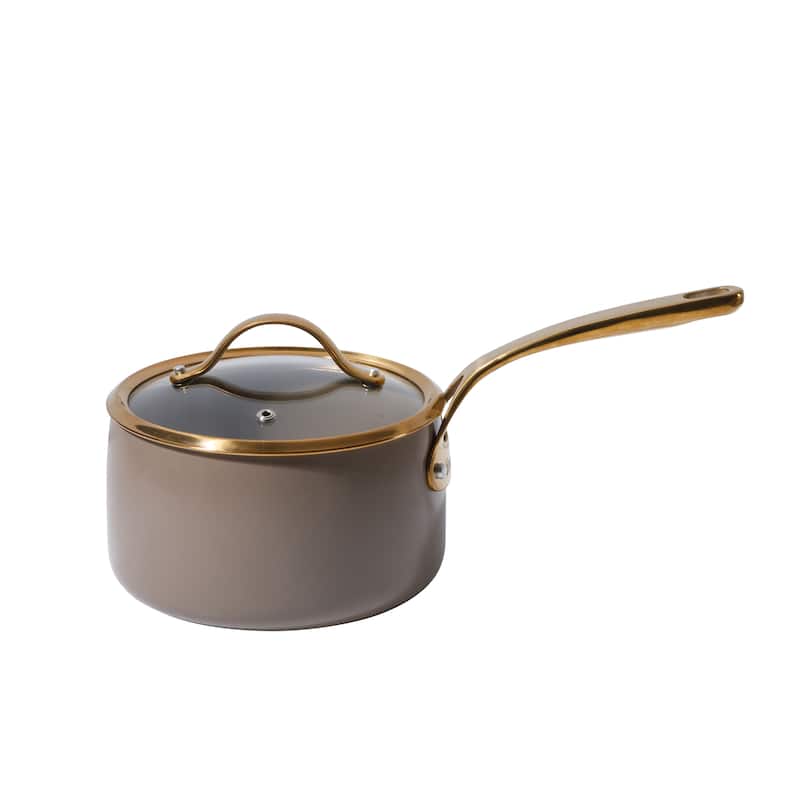 Bloomhouse Pots and Pans Heavy Duty Aluminum Premium PFA Free Ceramic Nonstick - Cappucino Cream with Gold Handle