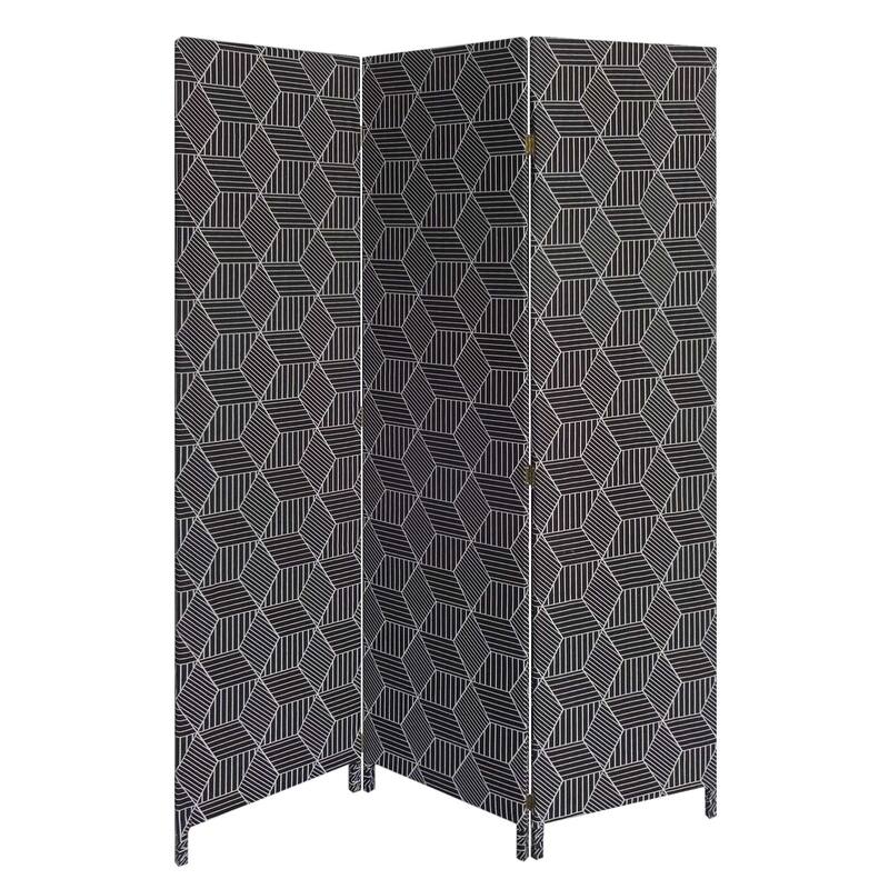 HomeRoots 71" Black and White Fabric Folding Three Panel Screen Room Divider - 47' X '71' X '1