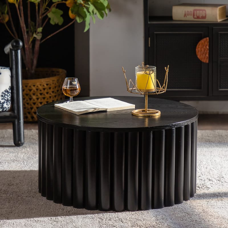 GDFStudio - Modern Lift-Top Round Storage Coffee Table with Handcrafted Relief Pedestal Base