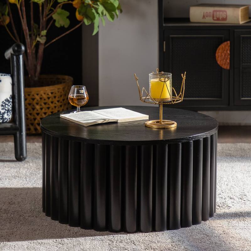 Round Coffee Table With Lift Handcrafted Relief Sturdy Pedestal Wooden Tea Table for Living Room no need to Assemble