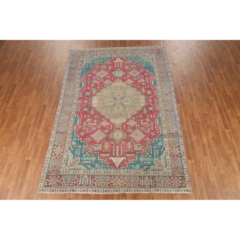 Pink Red Geometric Tabriz Persian Area Rug Hand-Knotted Wool Carpet - 6'6"x 9'10"