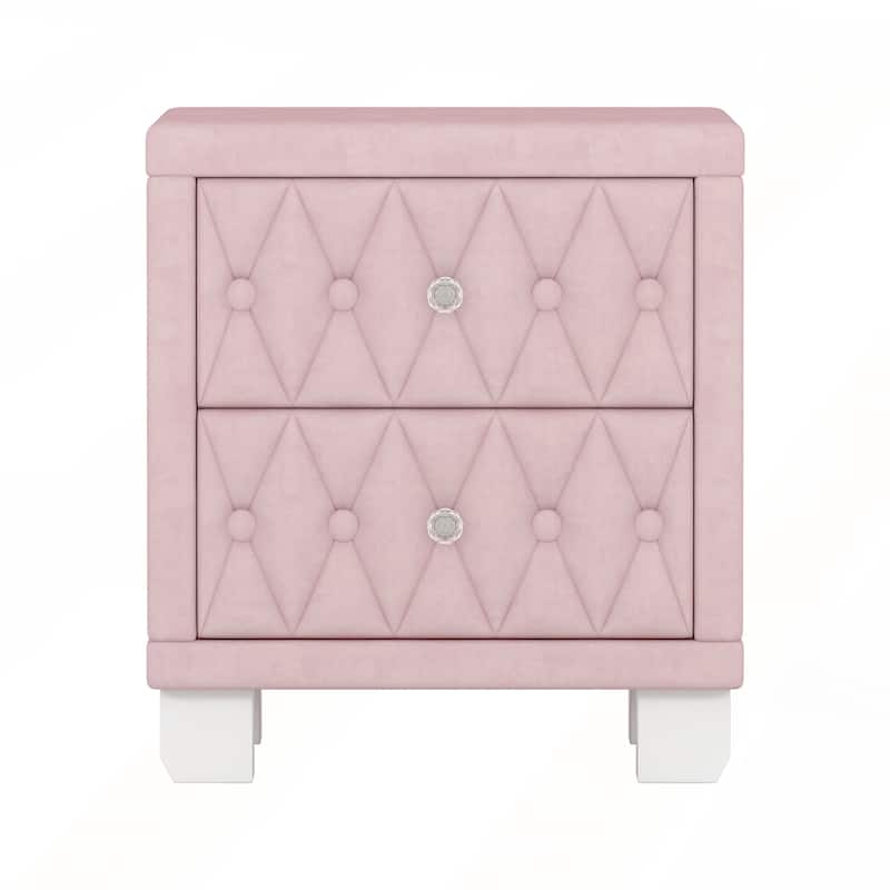 Elegant Velvet Nightstand with 2 Drawers and Crystal Handle