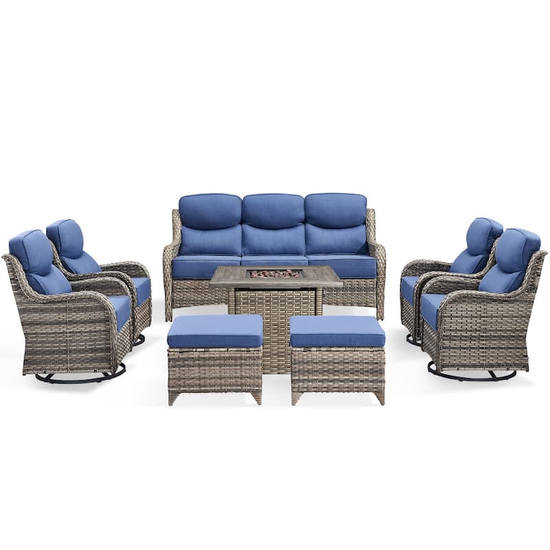 Pocassy 8 Pieces Outdoor 6" Sofa Swivel Chair Ottoman with Fire Pit Table