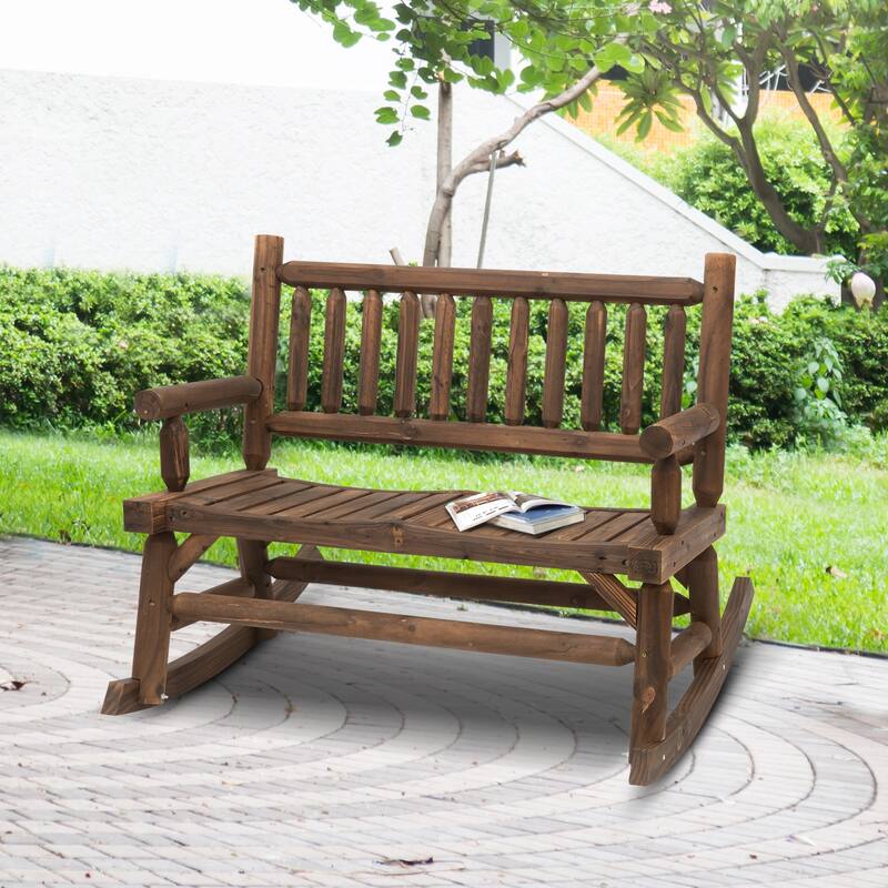 Outsunny 2-Person Wooden Rocking Chair Rocker Bench with Relaxing Swinging Motion - Brown