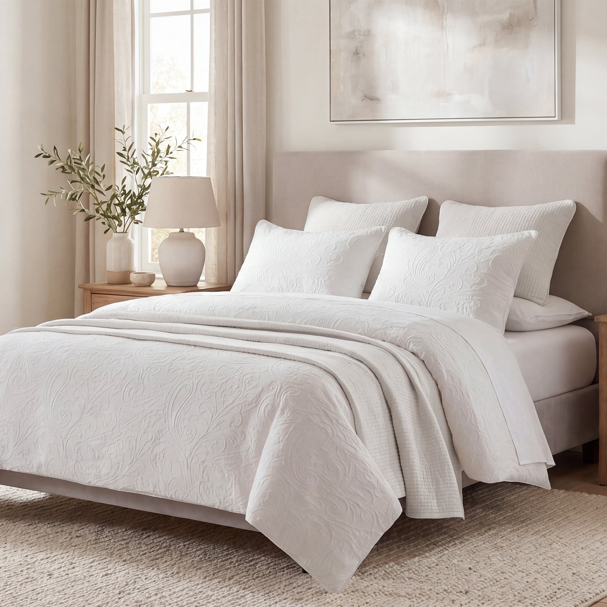 HiEnd Accents Camellia 3 Piece , White 100% Cotton Matelassé Paisley Design, Classic Chic Casual Duvet Cover Set