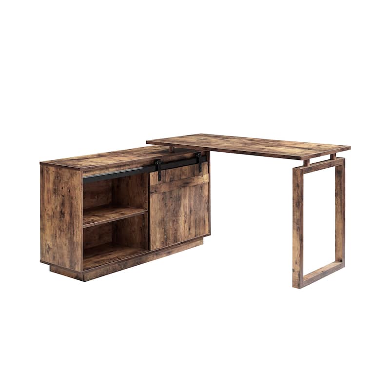 Desk L-shaped Workstation Home Office attached storage credenza sliding barn door finished on the back reversible Hazelnut