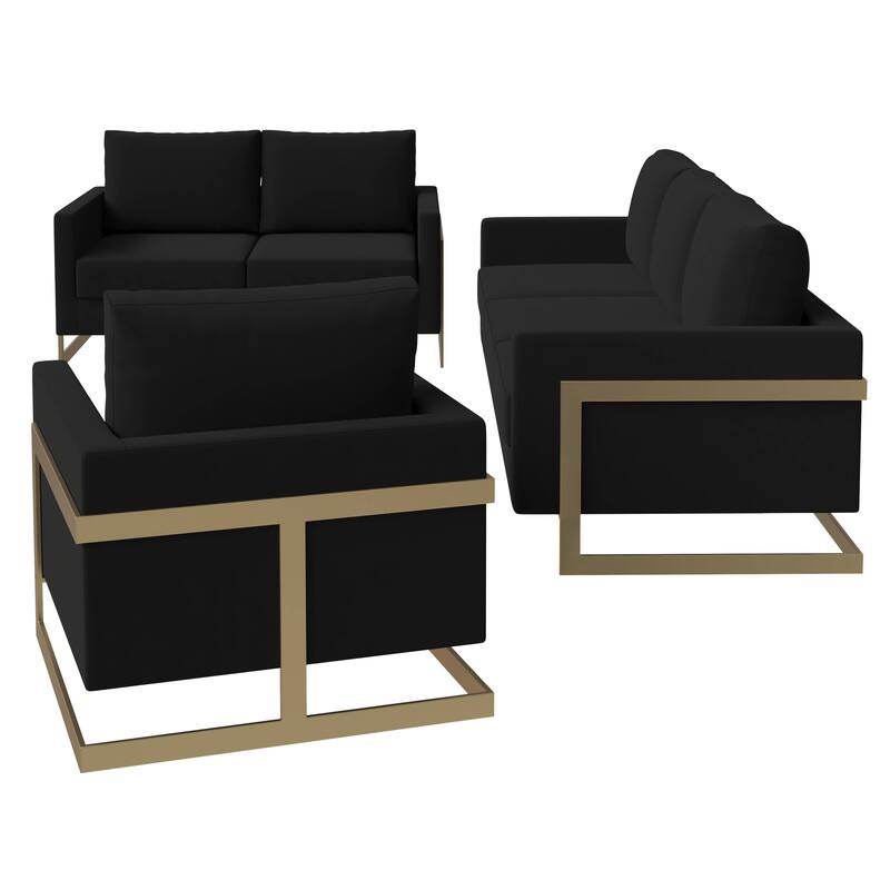 3-Piece Velvet Sofa Set with Gold Stainless Steel Base and Removable Cushions