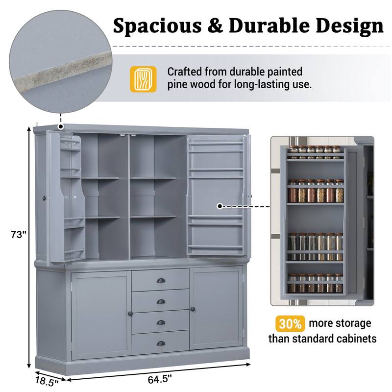 Roomfitters Kitchen Pantry Organizers and Storage Kitchen Cabinet, Hutch with Microwave Stand, 4 Drawers, Spice Racks