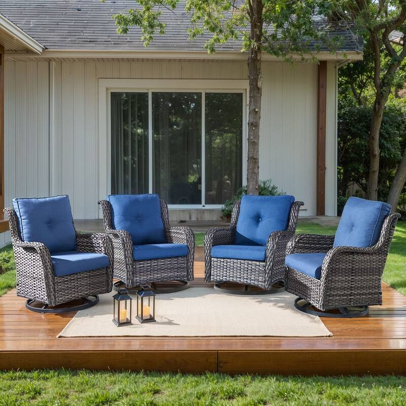 Pocassy 4Pieces Swivel Glider Chairs with 5Inch 6Inch Cushion - Grey Wicker Blue Cushion - 4PCS Swivel Chair with 4 Inch Cushion