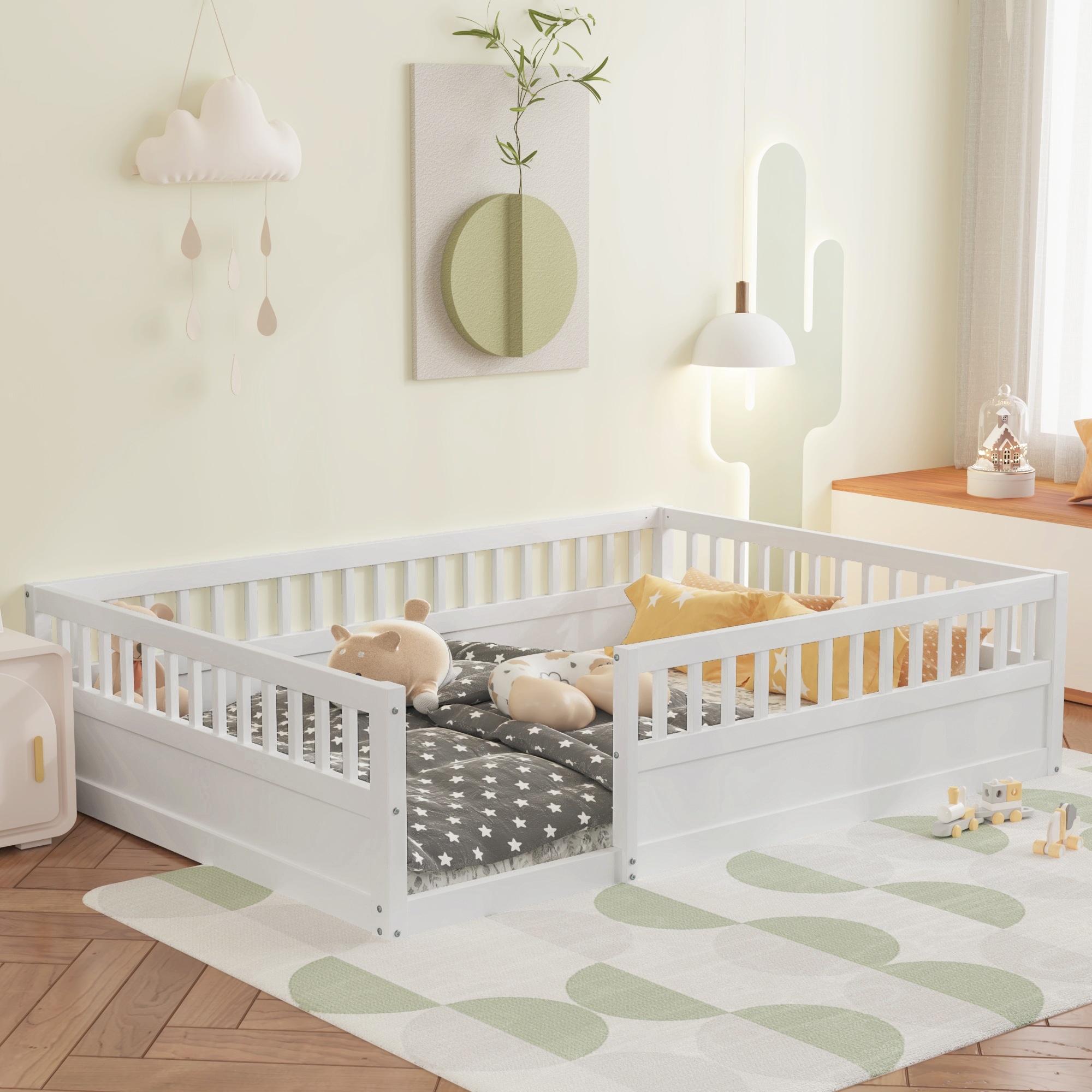 Full Size Wood Kids Floor Beds Frame for Bedroom Playroom Enhanced Safety Low to Ground Design High Guardrails