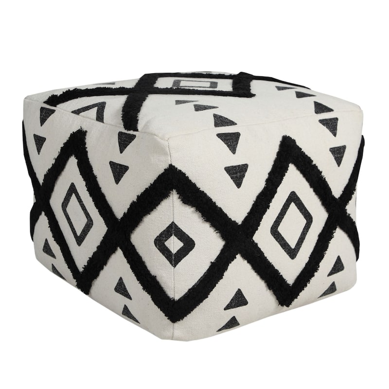 18" White and Black Double Diamond Square Pouf Ottoman