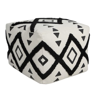 18" White and Black Double Diamond Square Pouf Ottoman
