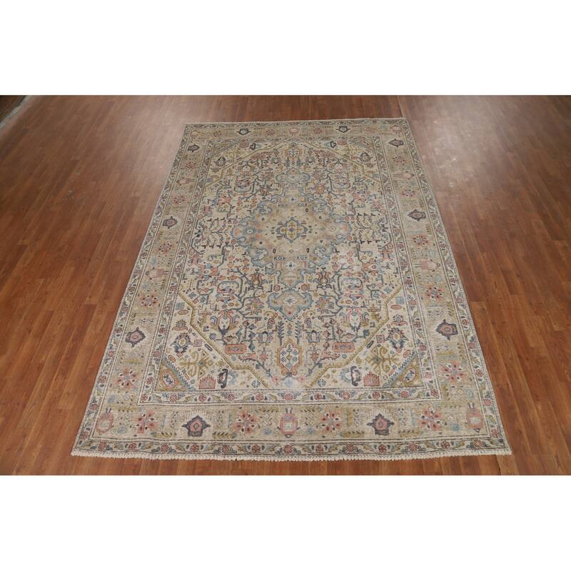 Geometric Tabriz Persian Area Rug Hand-Knotted Bedroom Wool Carpet - 6'7"x 9'5"