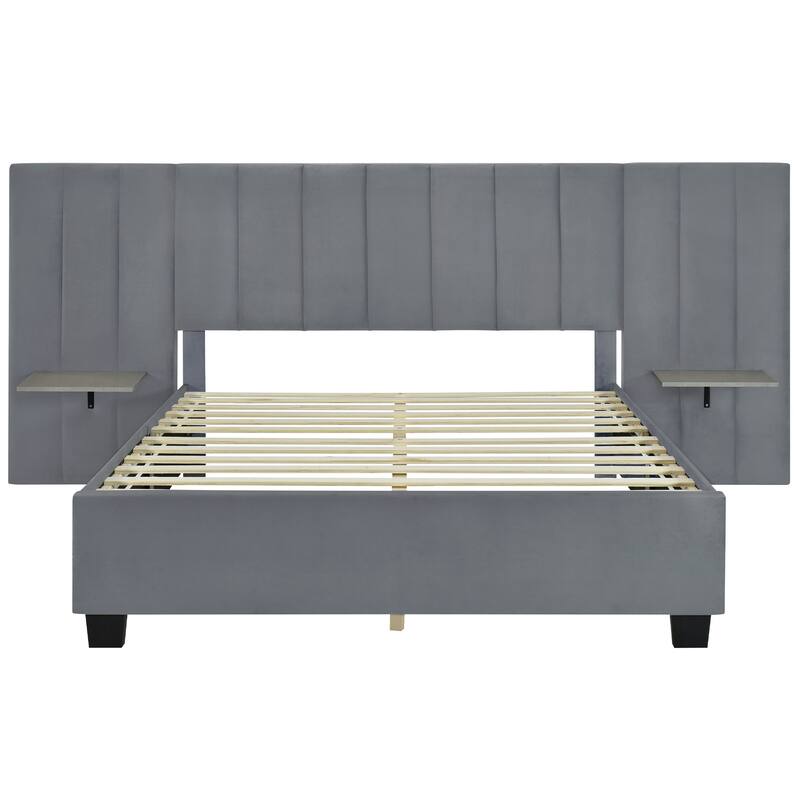 Platform Bed with Oversized Headboard, 2 Shelves, Velvet