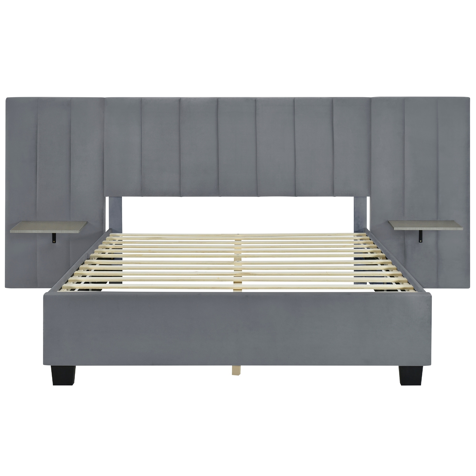 Queen Upholstered Platform Bed with Big Headboard & Shelves Grey