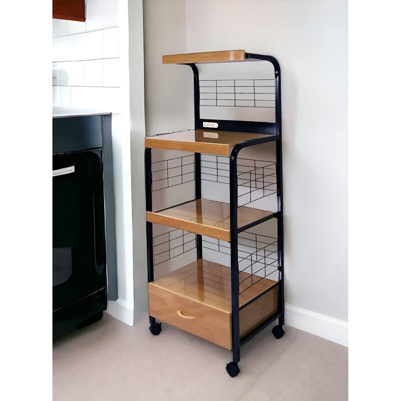 HomeRoots Black and Natural 26" Rolling Kitchen Cart With Storage - 25.5' X '59.5' X '17