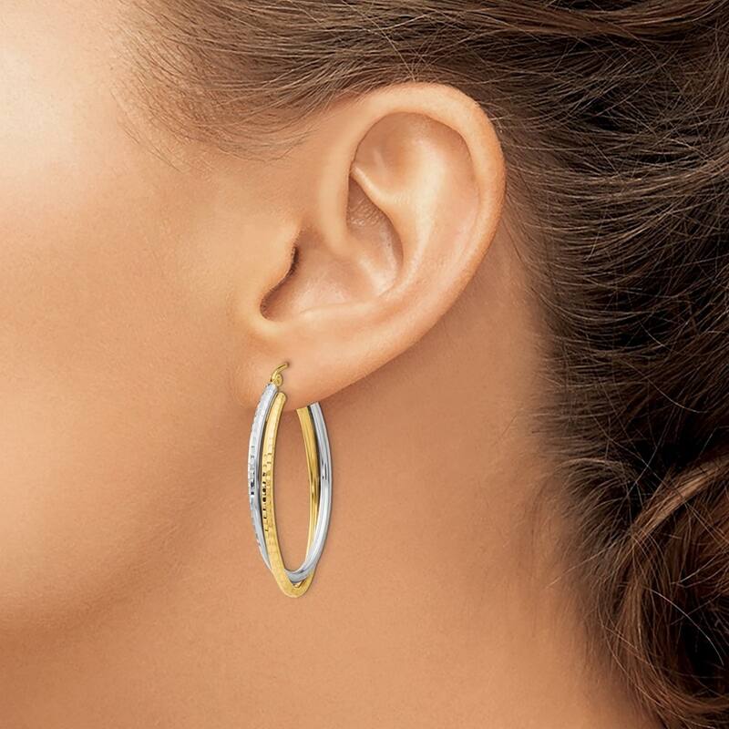 Curata 14K Two-tone Gold 22x5mm Double Diamond-cut Oval Hoop Earrings