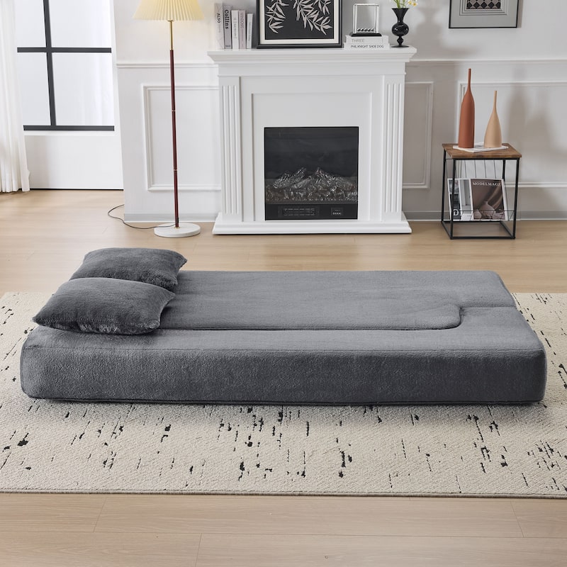 74.81" Faux Fur 3-in-1 3-Seater Floor Sofa, Converts to Bed with Memory Foam