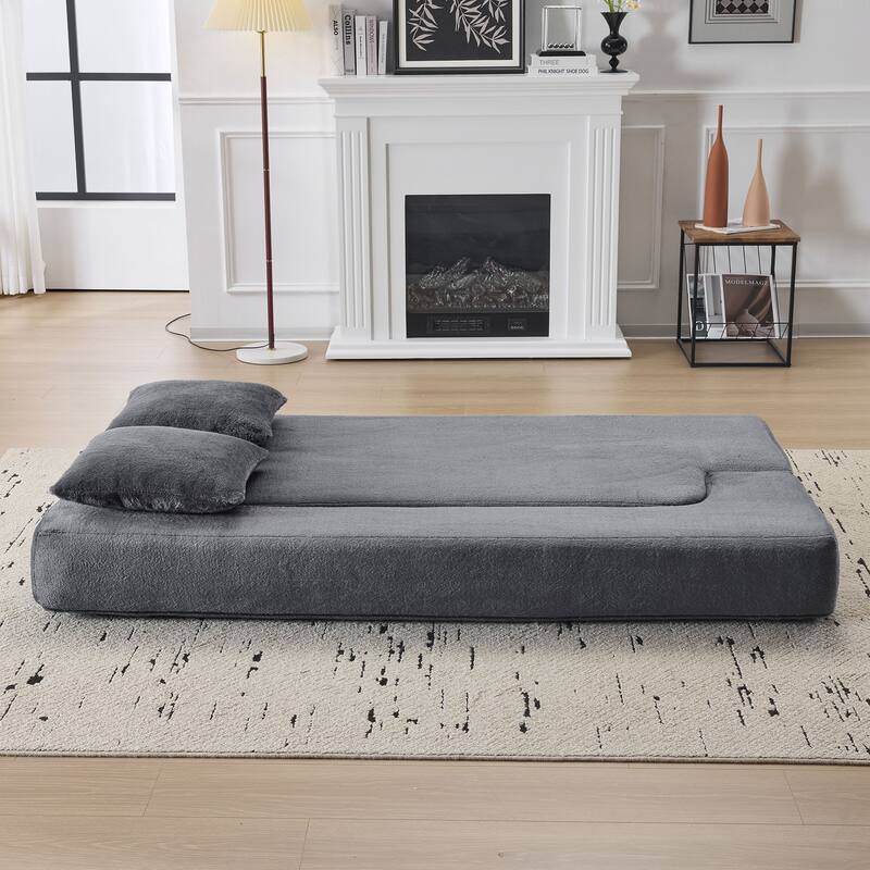 Transformable Sectional Sofa with 3 Ottomans - Fold-Out Bed, Light Grey Chenille Lounger in Faux Fur
