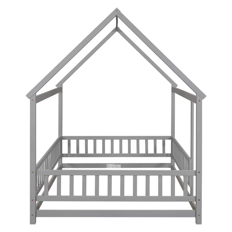Full Size Wooden Floor Bed with House Roof & Guardrails