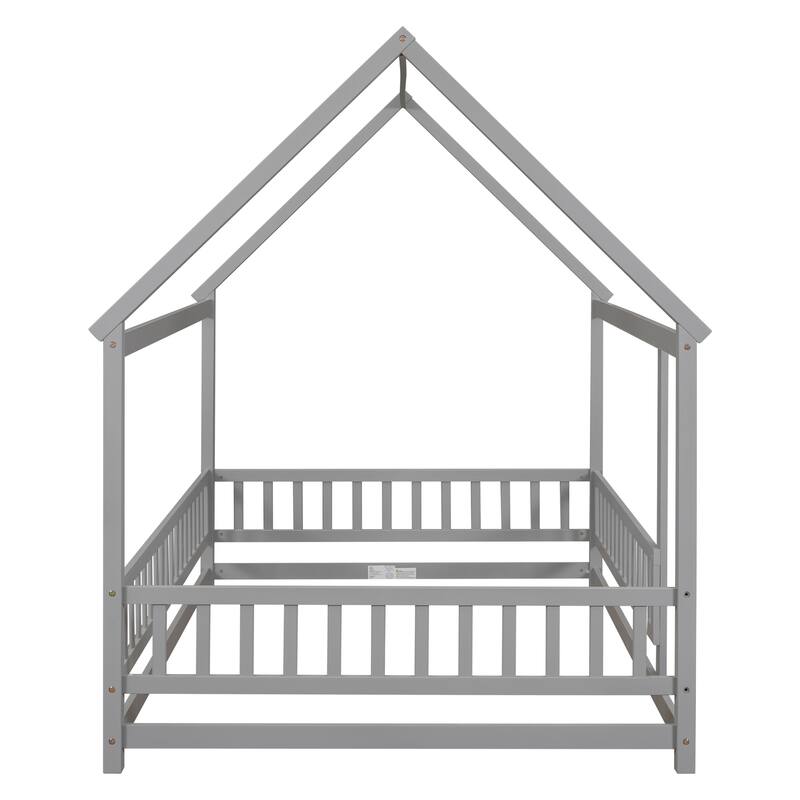 Full Size Wooden Floor Bed with House Roof Frame, Fence Guardrails for Kids, Bedroom