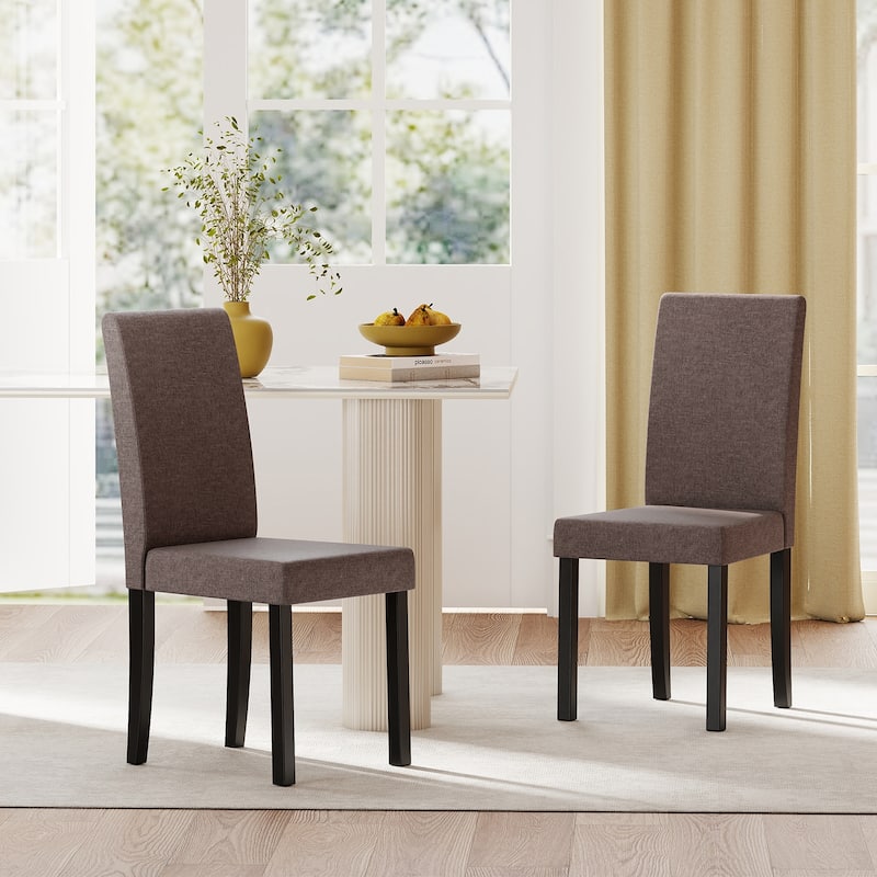 Set of 2 Modern Rubber Wood Dining Chairs with Faux Linen Upholstery and Cushioned Seats - 17" x 22" x 35.5" (L x W x H) - Brown