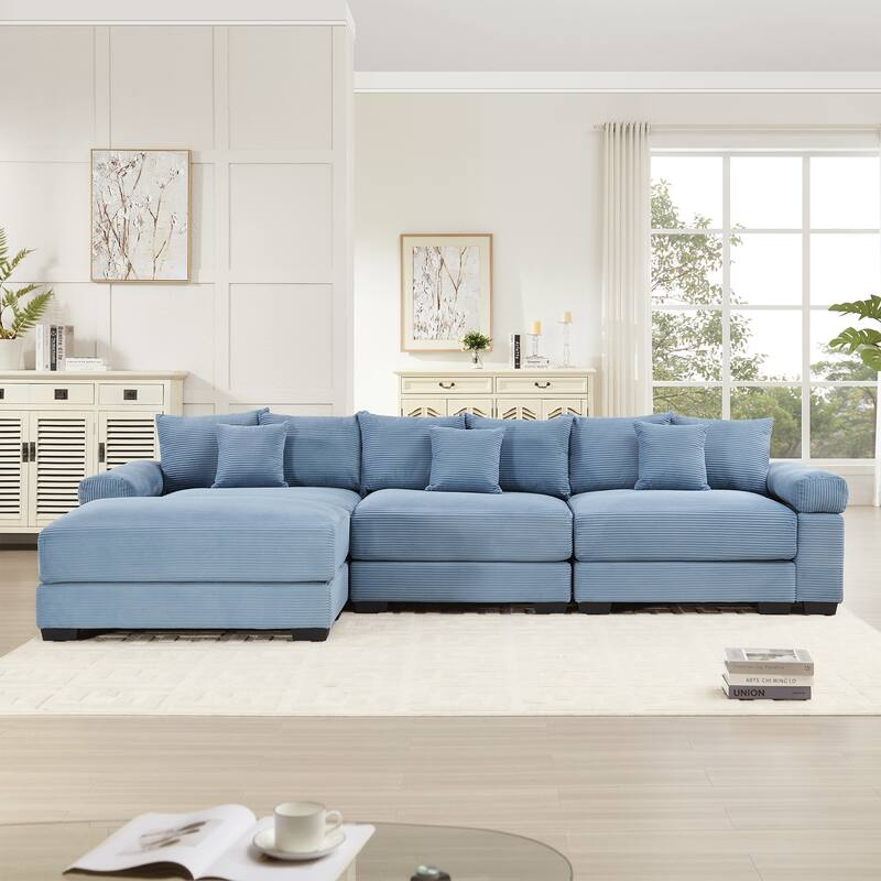 GDFStudio - Corduroy L-Shaped 3-Seater 130" Cloud Modular Sectional Couch with Ottoman