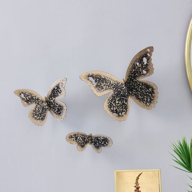 Faye Antique Black and Gold Wall Mounted Metal Butterflies Decor (Set of 3)