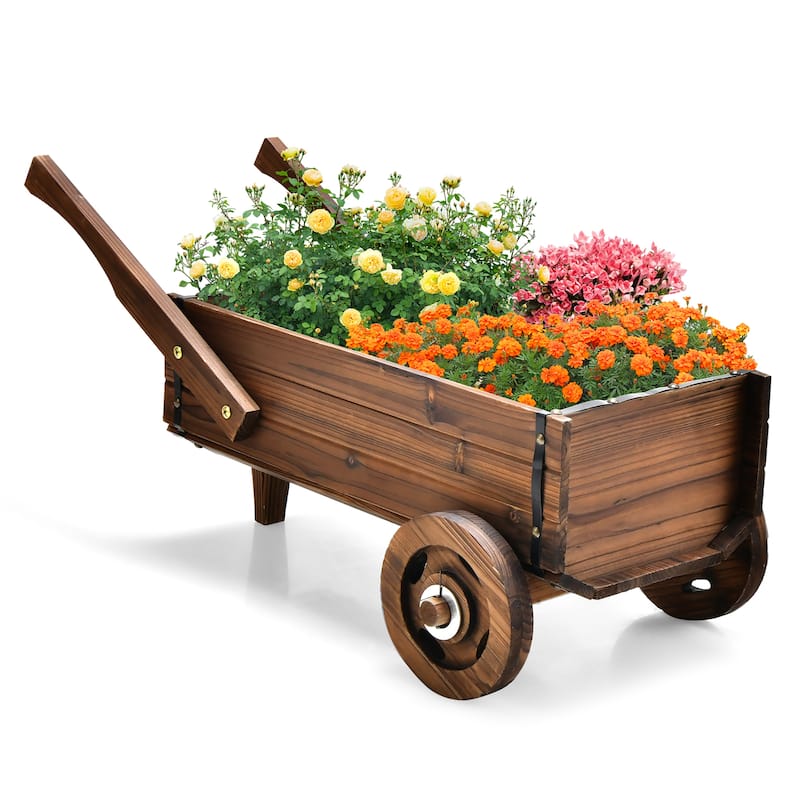 Costway Decorative Wagon Cart Plant Flower Pot Stand Wooden Raised - 32'' x 15.5'' x 15'' (L x W x H)