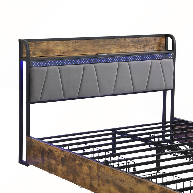 Full Size Bed Frame with Charging Station and LED Lights