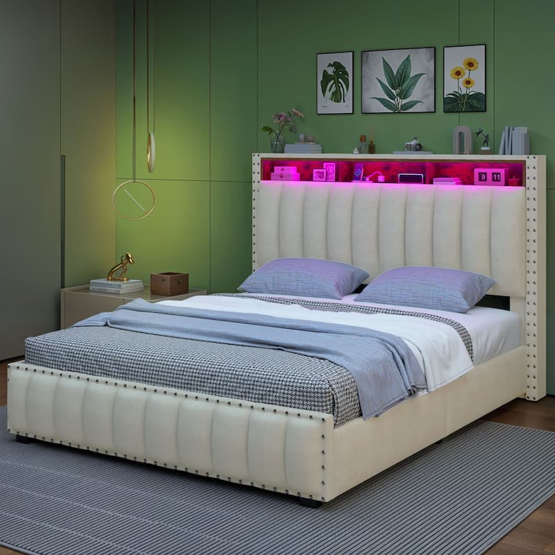 Lift Up Storage Nailhead Bed Frame with Charging Station, Velvet Upholstered Platform Bed with RGB LED Lights