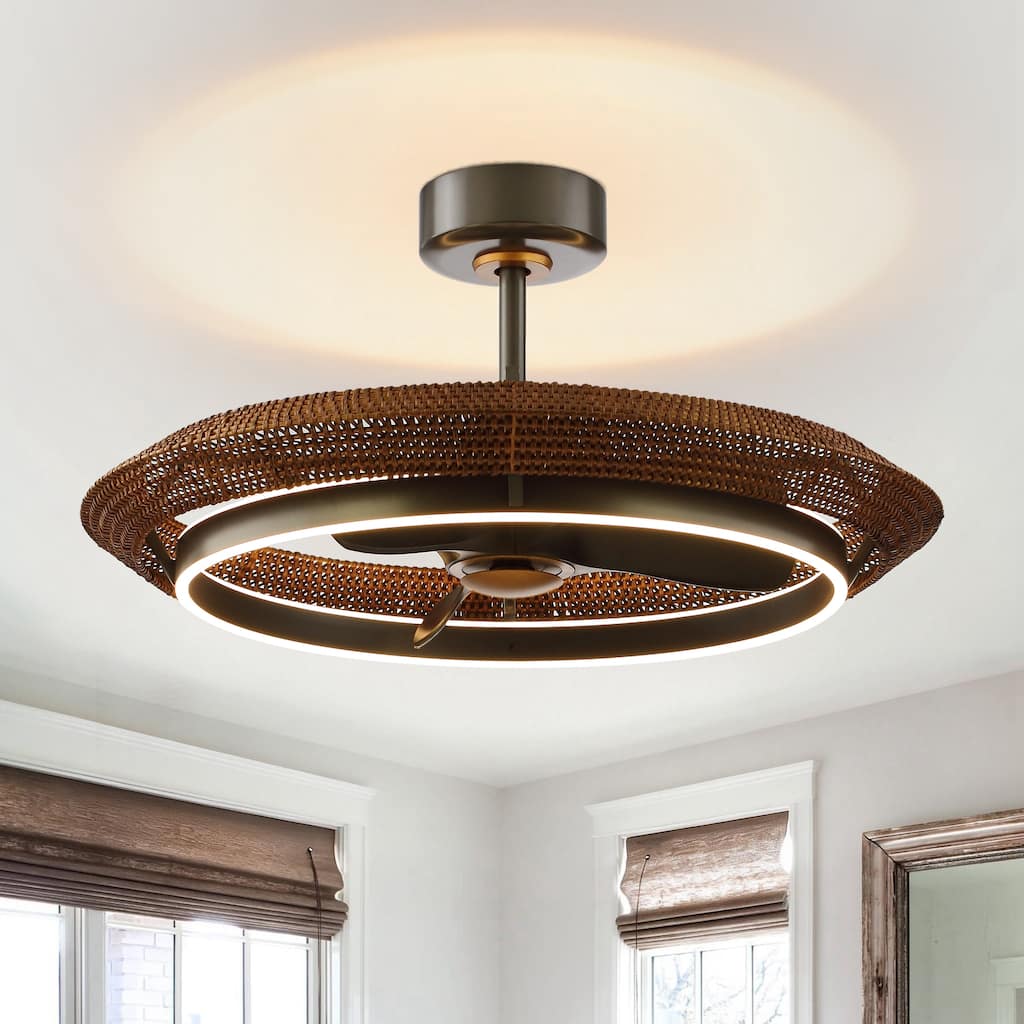 33" Coastal Brown Woven Rattan 3-Blade Fandelier Ceiling Fan with Light and Remote