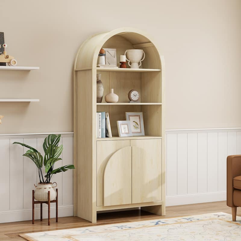 Arched Kitchen Cabinet with Fan-Shaped Handles, Wood Storage Cabinets, Accent Cabinet with Adjustable Shelves - Natural