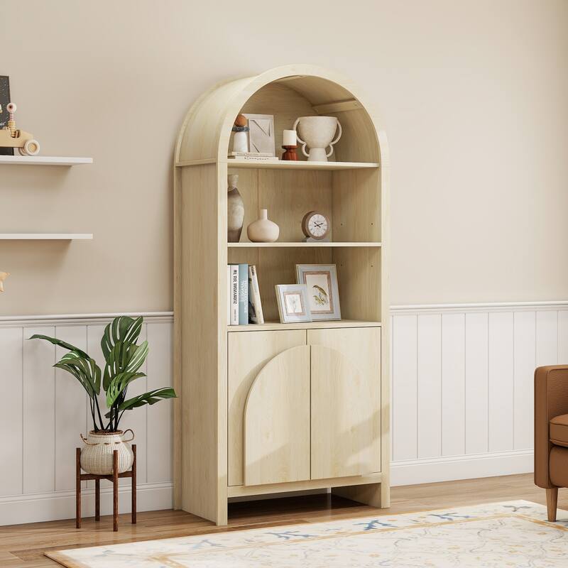 Modern Farmhouse Storage Display Cabinet, Arched Kitchen Pantry with Adjustable Shelves