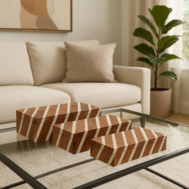 Resin Wood Storage Boxes Diagonal Stripe (Set of 3) - 10/11/12" Brown - 12" x 8" x 3.5"