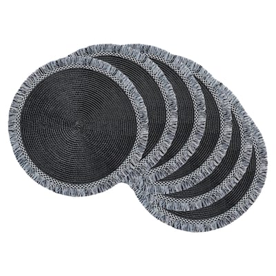 Round Fringed Woven Placemats - 14.75" - Black and White - Set of 6