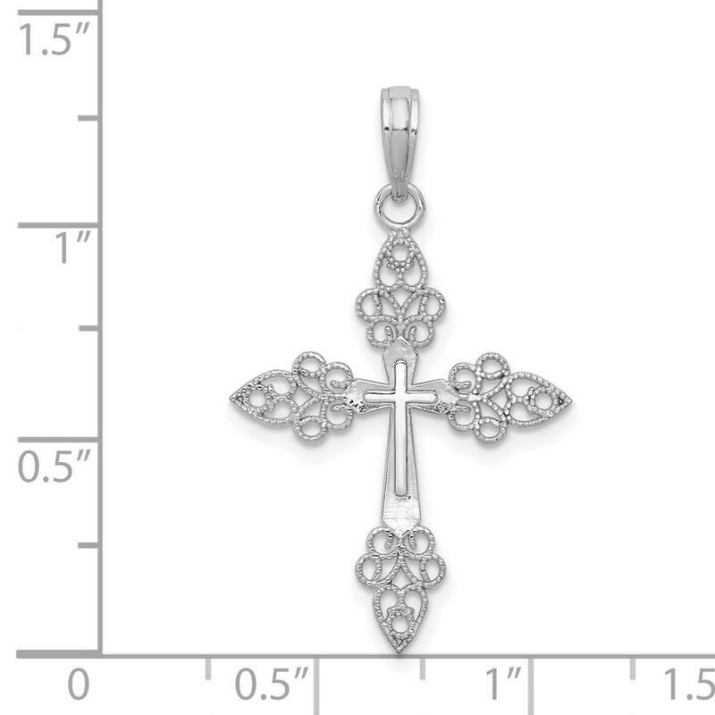 Curata 14k White Gold Solid Filigree Beaded Tip Cross Necklace 19mm x 24.9mm