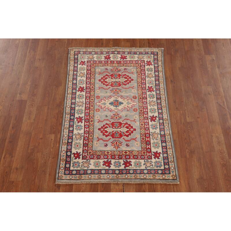 Geometric Kazak Accent Rug Bedroom Hand-Knotted Wool Carpet - 2'9" x 4'1"