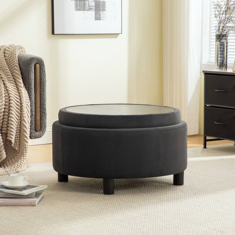 29.33"W Upholstered Round Ottoman With Reversible Lid,Fleece Fabric Storage Stool,Hand-pulled buckle decoration Design Footstool