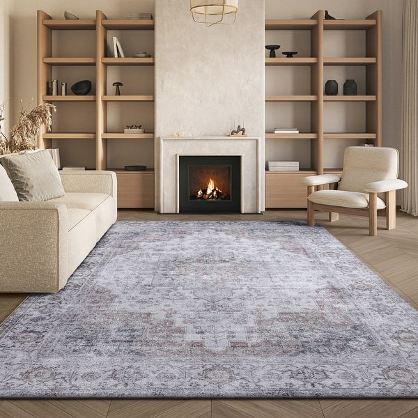 slide 2 of 20, SAFAVIEH Tucson Machine Washable Slip Resistant Korneliya Oriental Medallion Rug - Light Grey/Rust - 5' x 8'