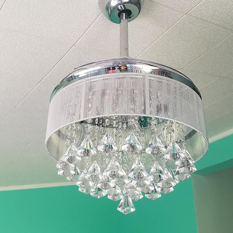 36" Modern Chrome Downrod Mount Retractable Crystal Chandelier Ceiling Fan with Light Kit and Remote Control - 36 in