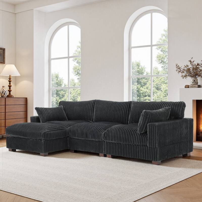 Plush Corduroy Upholstered Modular Sectional Sofa with Chaise - Left Facing - Grey-3 Pieces