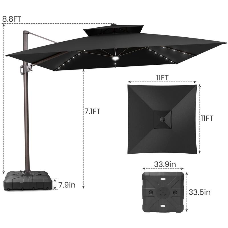 11 FT Outdoor Double Top Solar Powered LED Patio Cantilever Umbrella with Base